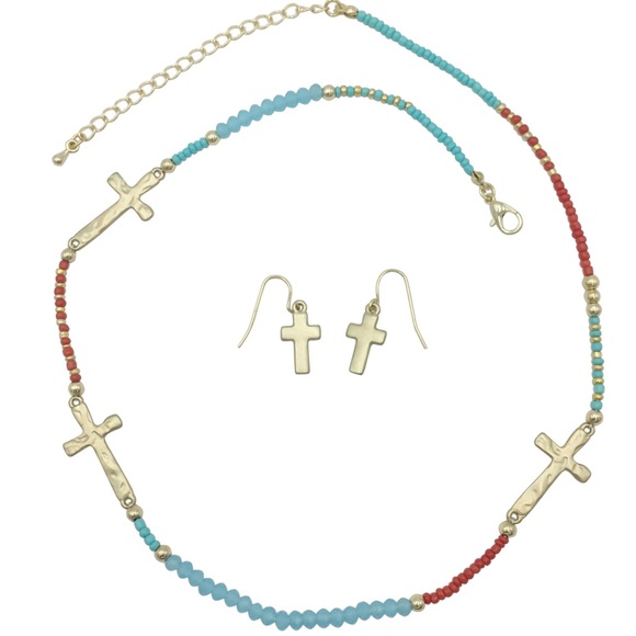 Red Aqua Blue Gold Sideway Cross Necklace Set - Picture 1 of 3